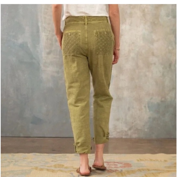 Sundance Femme Voyager Roll Tab Hem Linen Blend Pants Lemon Grass Green Size 14 - Picture 3 of 11